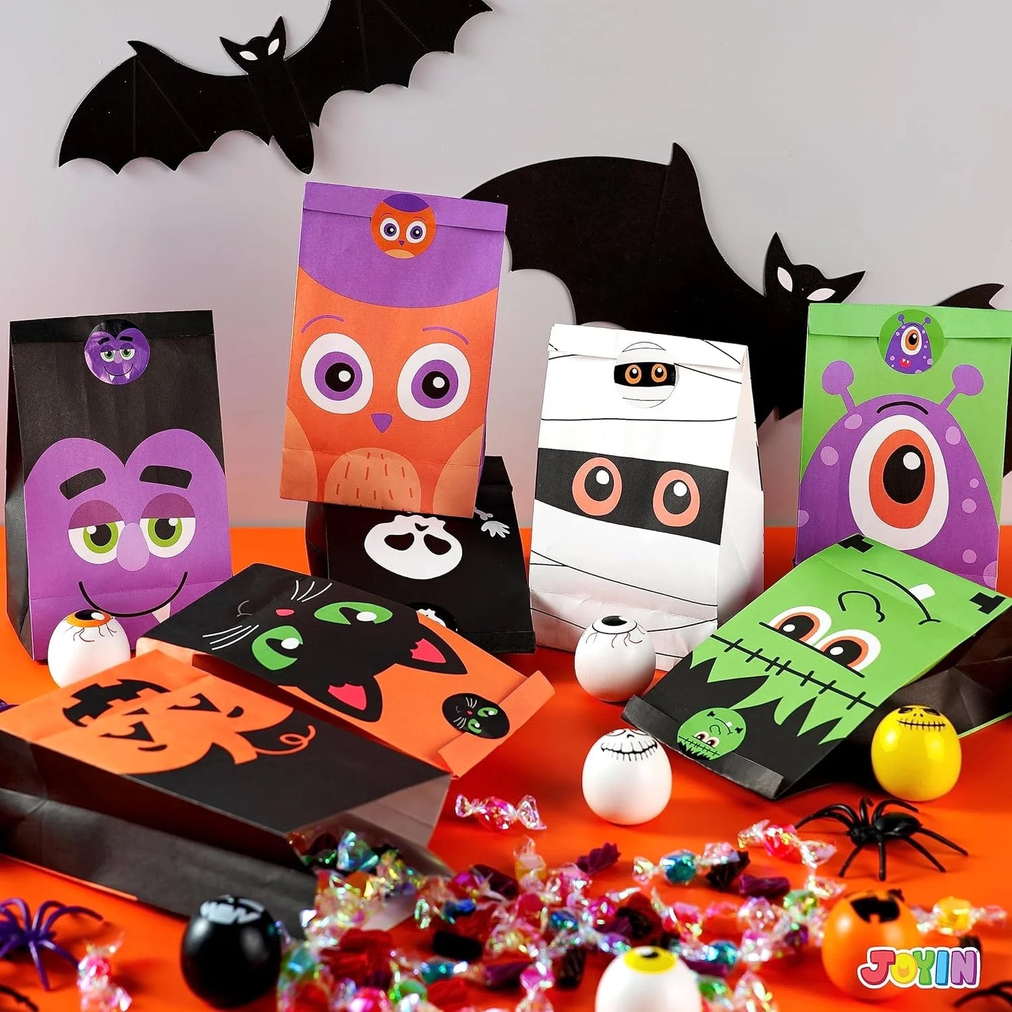 60 PCS Halloween Treat Bags with Stickers, Halloween Trick or Treat Bags for Kids Halloween Party Favors Exchange, Goodie and Candy Bags for Holiday Party Supplies