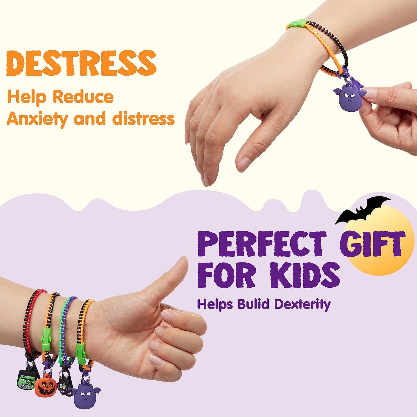 60 Pcs Halloween Zipper Bracelets Toys,Halloween Zipper Wristbands Toys Bulk for Party Favors,Halloween Goody Bag Fillers,Halloween Stretchy Toys for Classroom Prizes