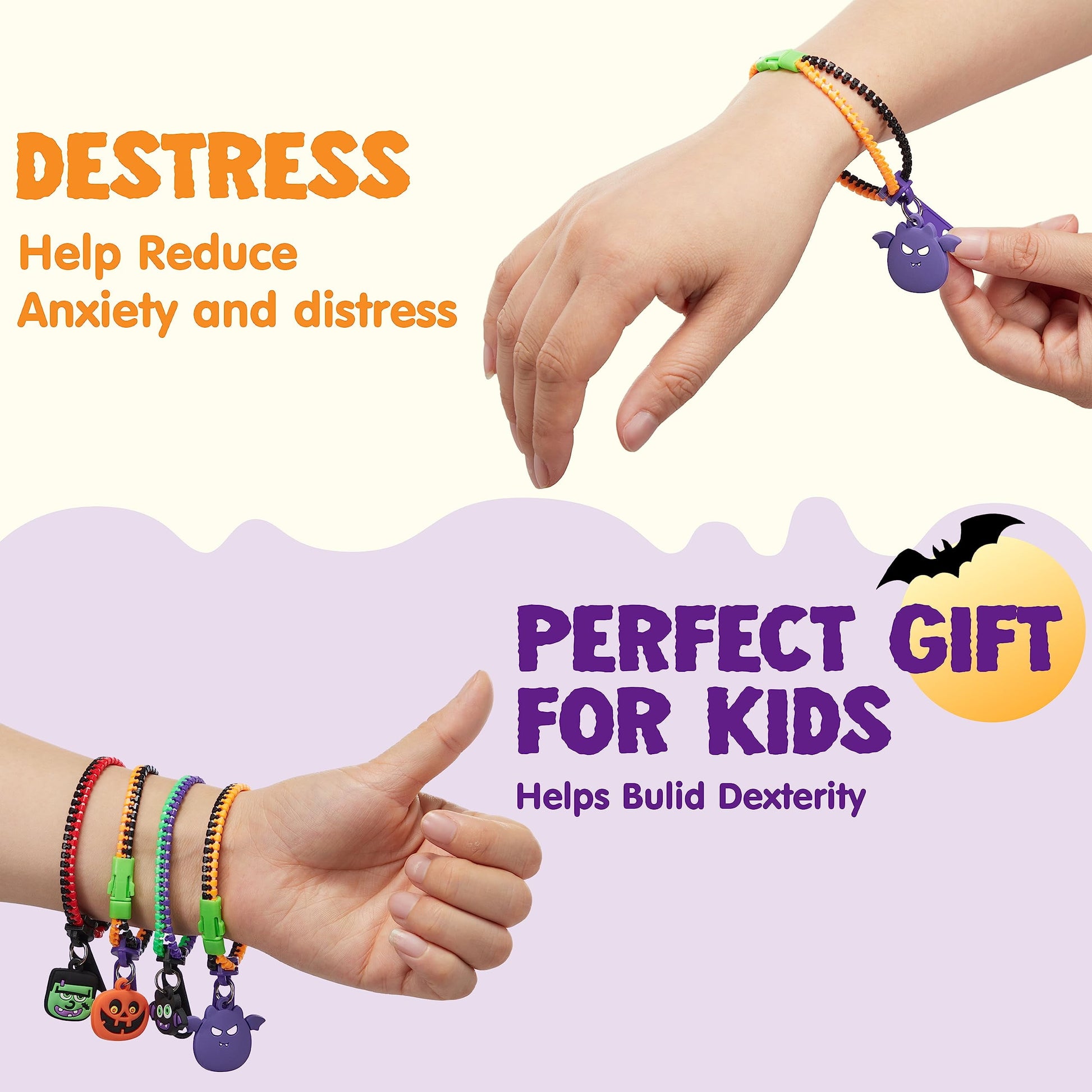 60 Pcs Halloween Zipper Bracelets Toys,Halloween Zipper Wristbands Toys Bulk for Party Favors,Halloween Goody Bag Fillers,Halloween Stretchy Toys for Classroom Prizes