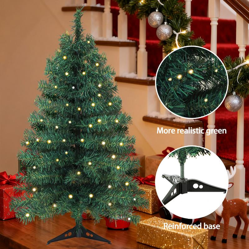 Okicoler 3 Ft Pre-Lit Christmas Tree, Artificial Christmas Trees with Lighting, Xmas Trees with 25 Led Lights, 100 Branch Christmas Decoration for Home, Office, Easy Assembly