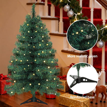 Okicoler 3 Ft Pre-Lit Christmas Tree, Artificial Christmas Trees with Lighting, Xmas Trees with 25 Led Lights, 100 Branch Christmas Decoration for Home, Office, Easy Assembly